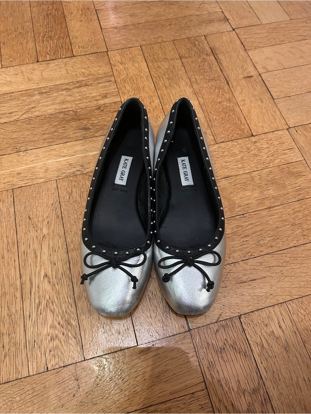 Silver Metallic Ballet Flats with Black Trim